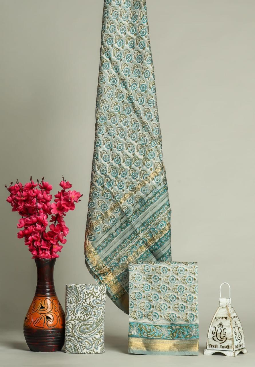 Designer Handblock Printed Maheshwari Silk Suit Set