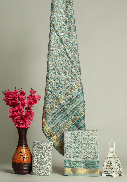 Designer Handblock Printed Maheshwari Silk Suit Set