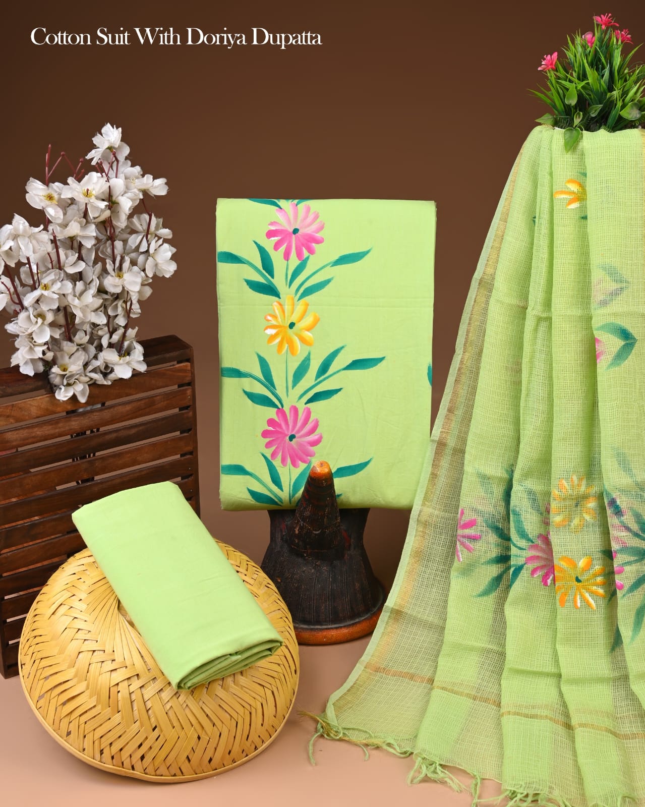 Pure Cotton Hand Block Printed Suit Set With Kota Doria Dupatta