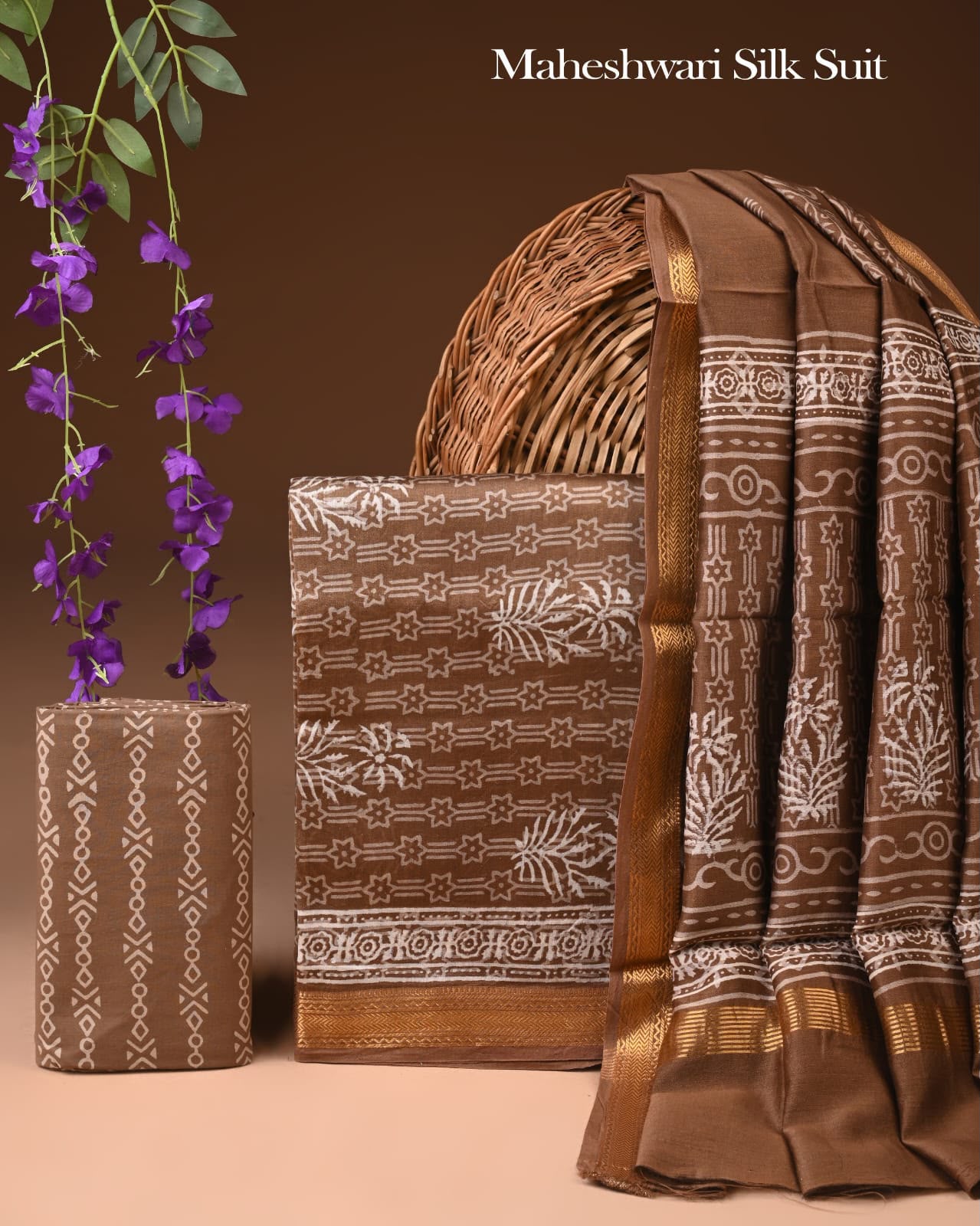 Premium Designer Handblock Printed Maheshwari Silk Suit Set