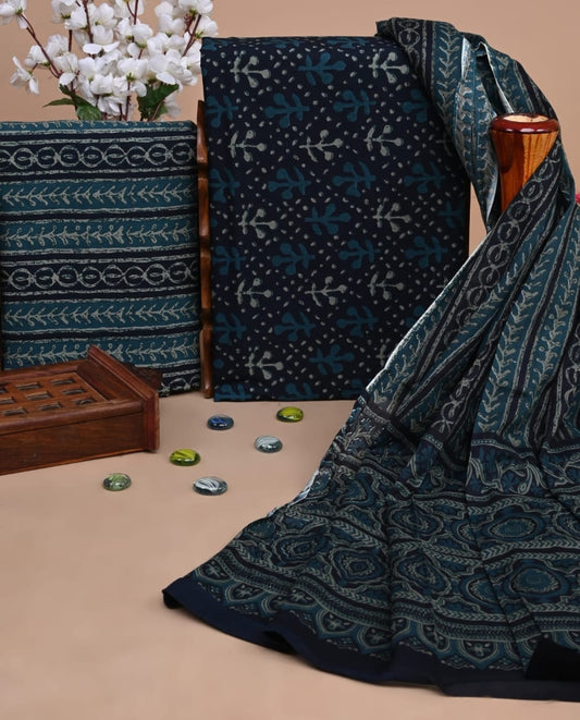 Designer Hand Block Printed Cotton Suit Set With Cotton Dupatta