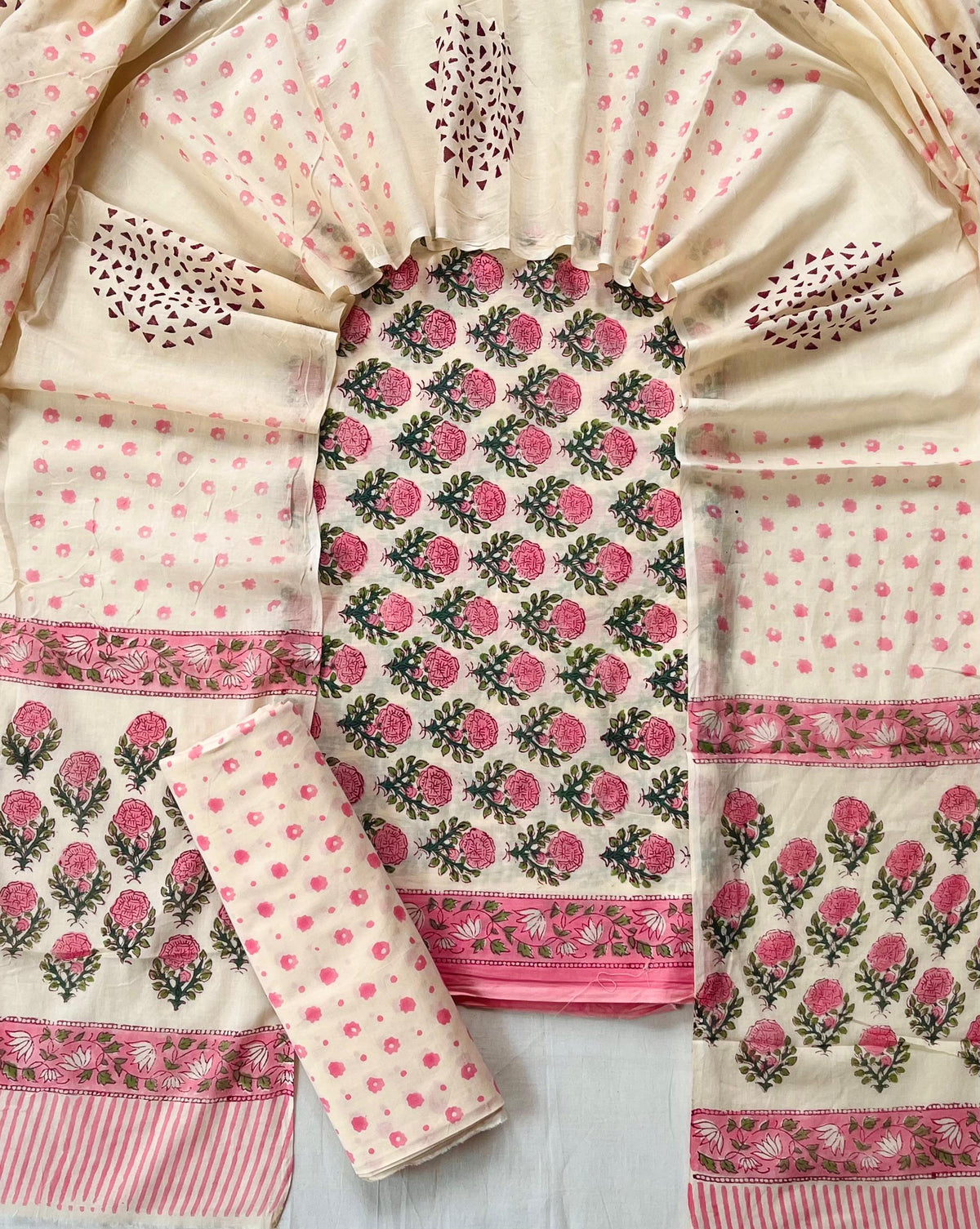 Pure Soft Cotton Hand Block Printed Suit Set With Cotton Dupatta