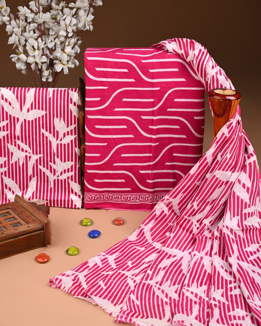 Designer Hand Block Printed Cotton Suit Set With Cotton Dupatta