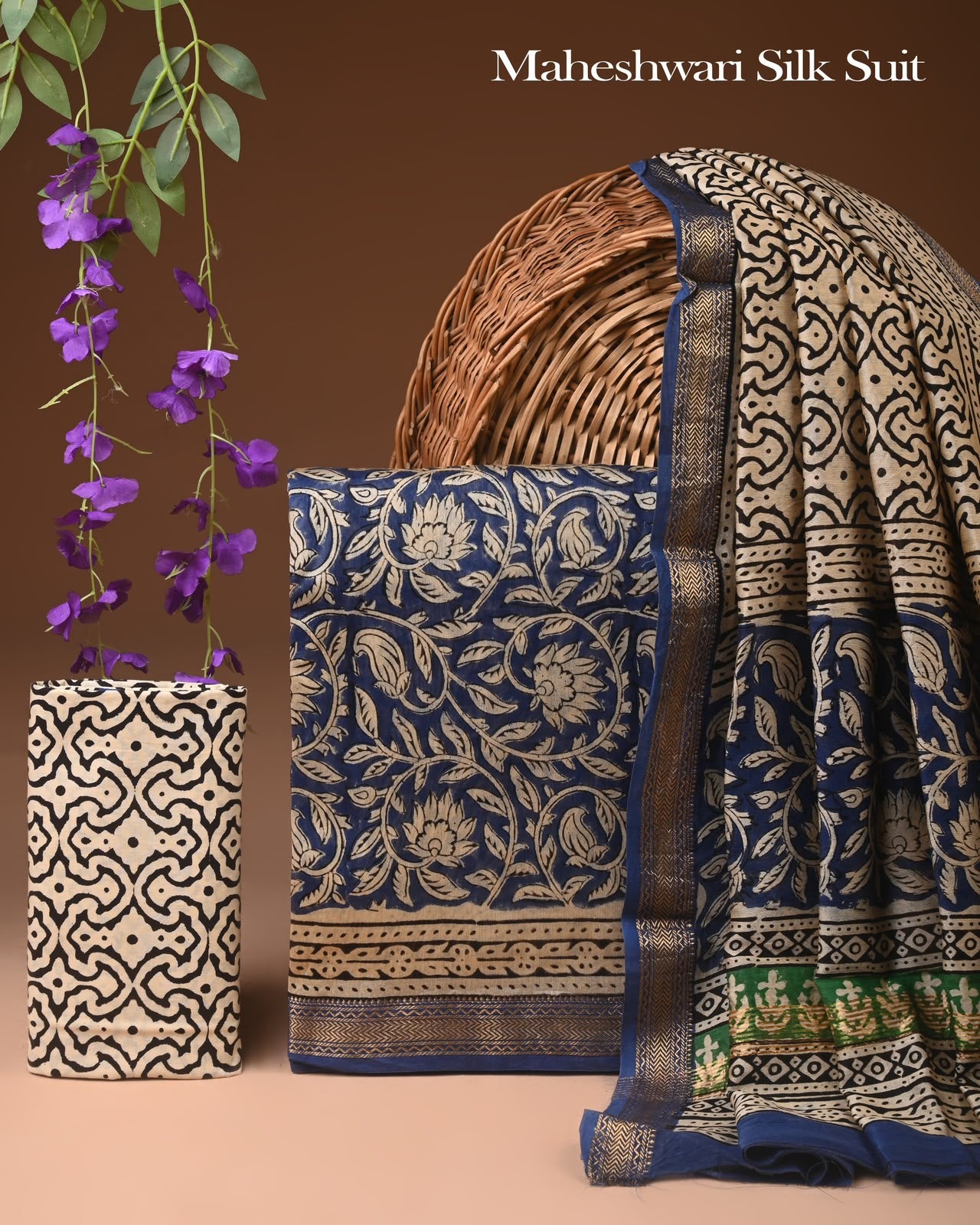Premium Designer Handblock Printed Maheshwari Silk Suit Set