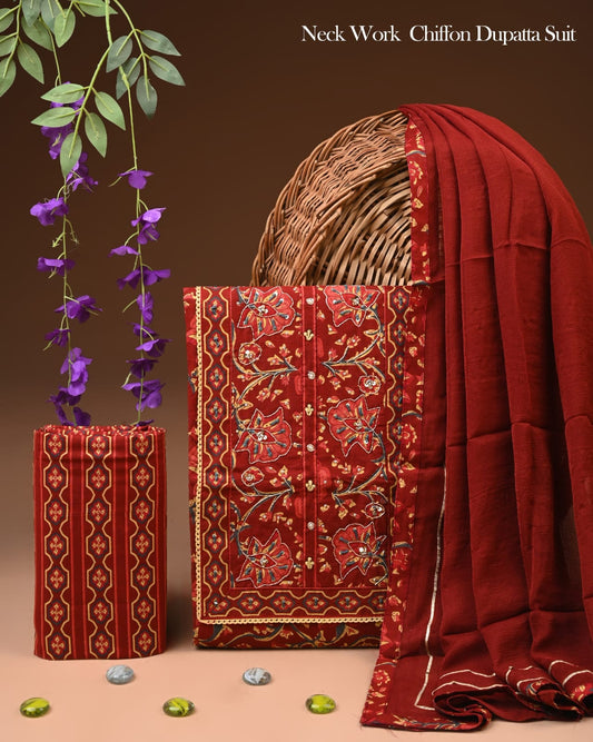 Premium Gota Patti Work Cotton Suit Set With Chiffon Dupatta