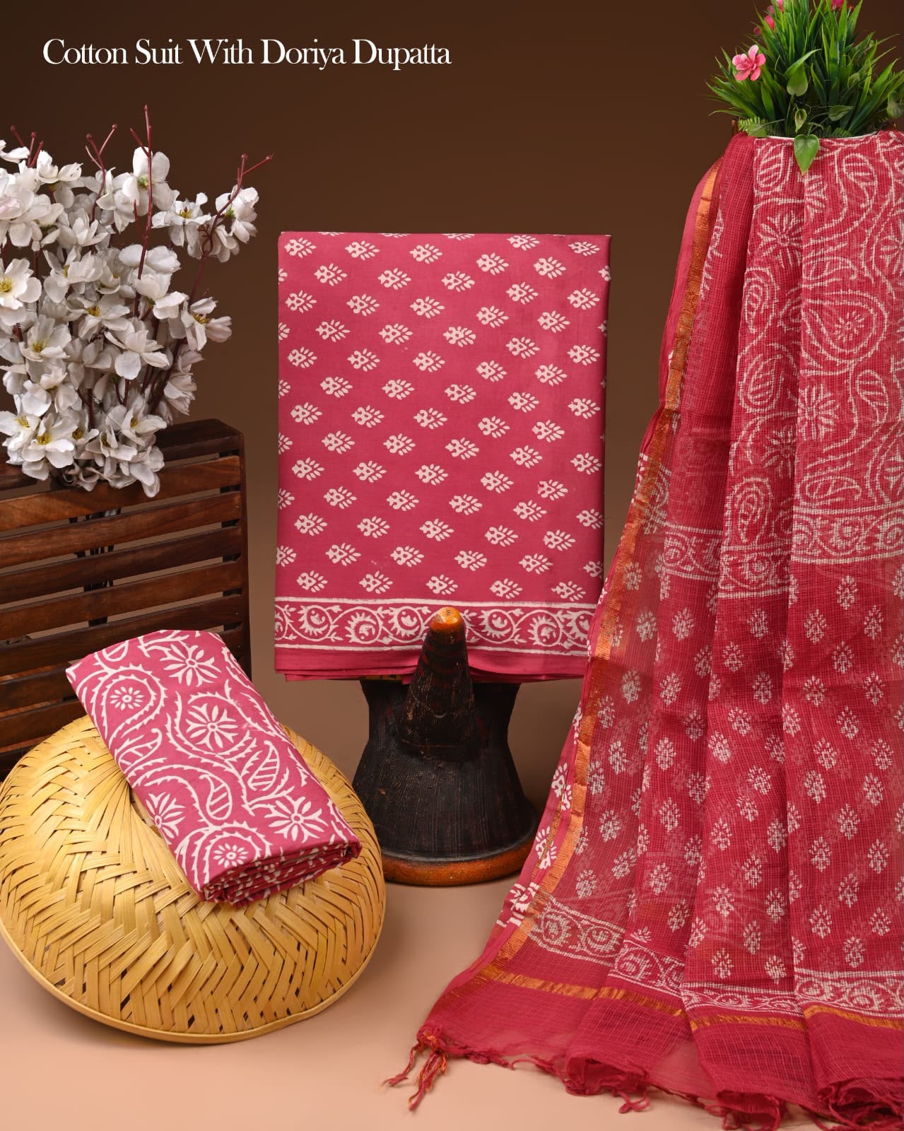 Pure Cotton Hand Block Printed Suit Set With Kota Doria Dupatta