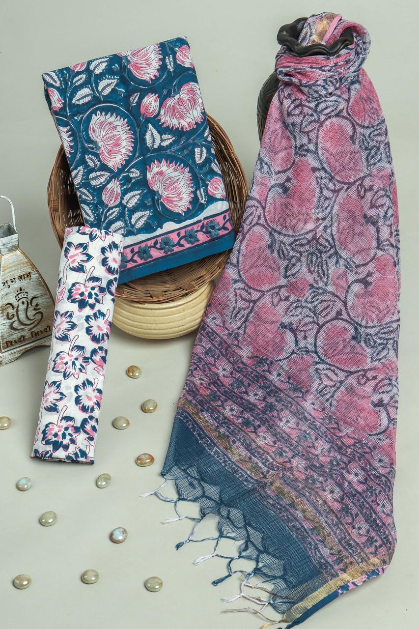 Pure Cotton Hand Block Printed Suit Set With Kota Doria Dupatta