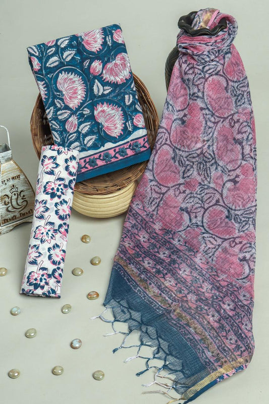 Pure Cotton Hand Block Printed Suit Set With Kota Doria Dupatta