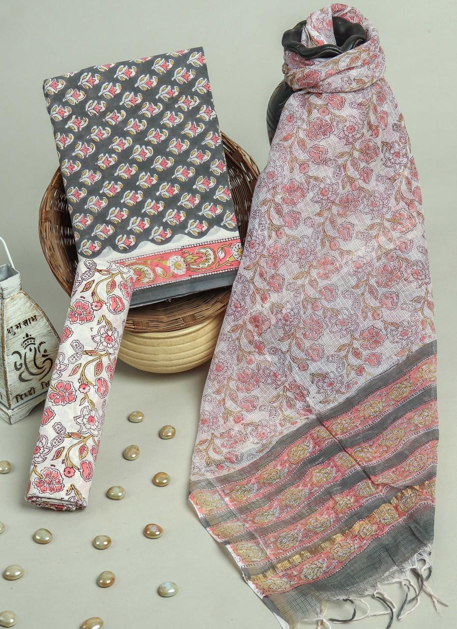 Pure Cotton Hand Block Printed Suit Set With Kota Doria Dupatta