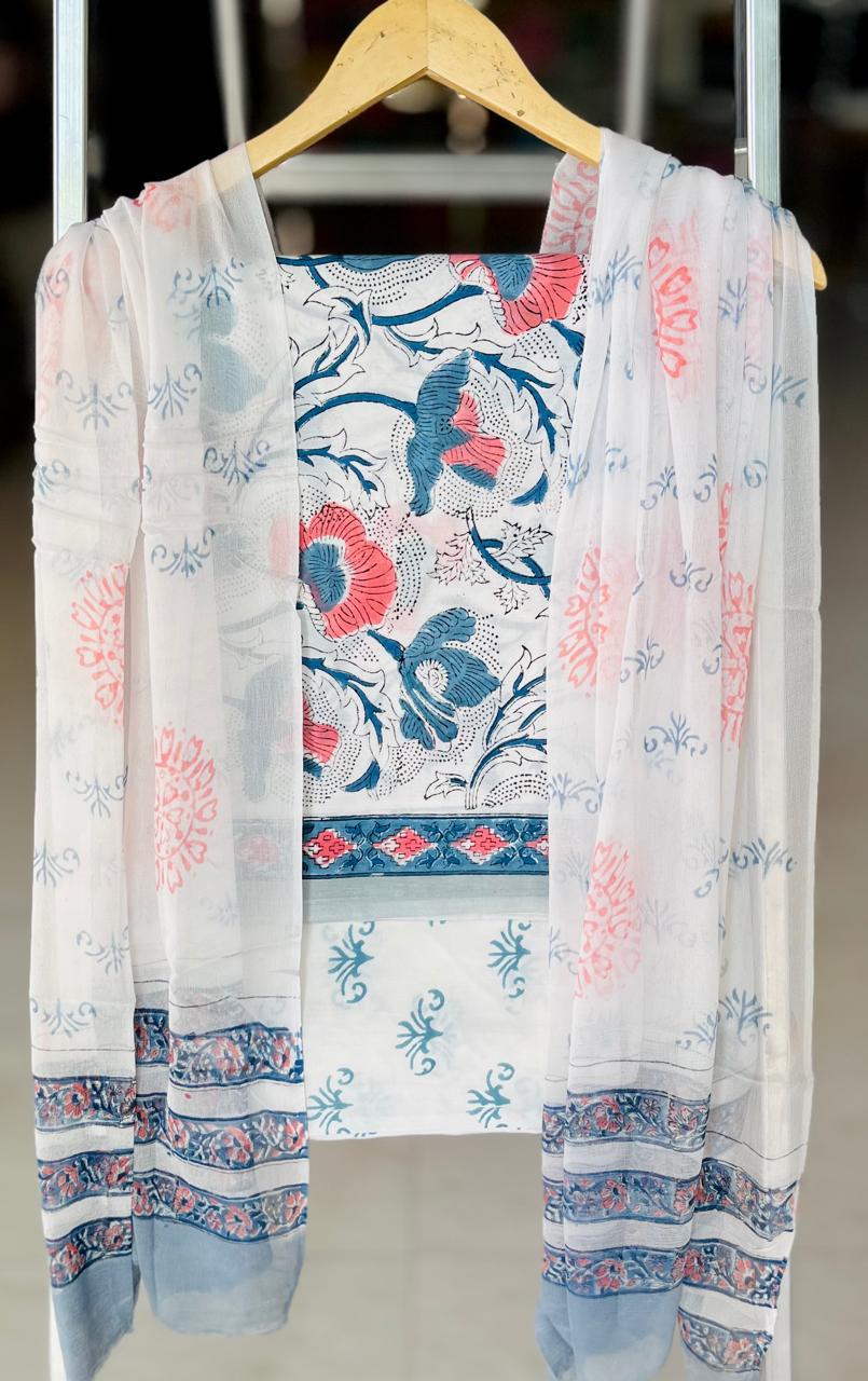 Pure Cotton Hand Block Printed Suit Set With Chiffon Dupatta