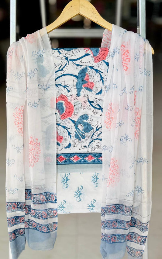 Pure Cotton Hand Block Printed Suit Set With Chiffon Dupatta
