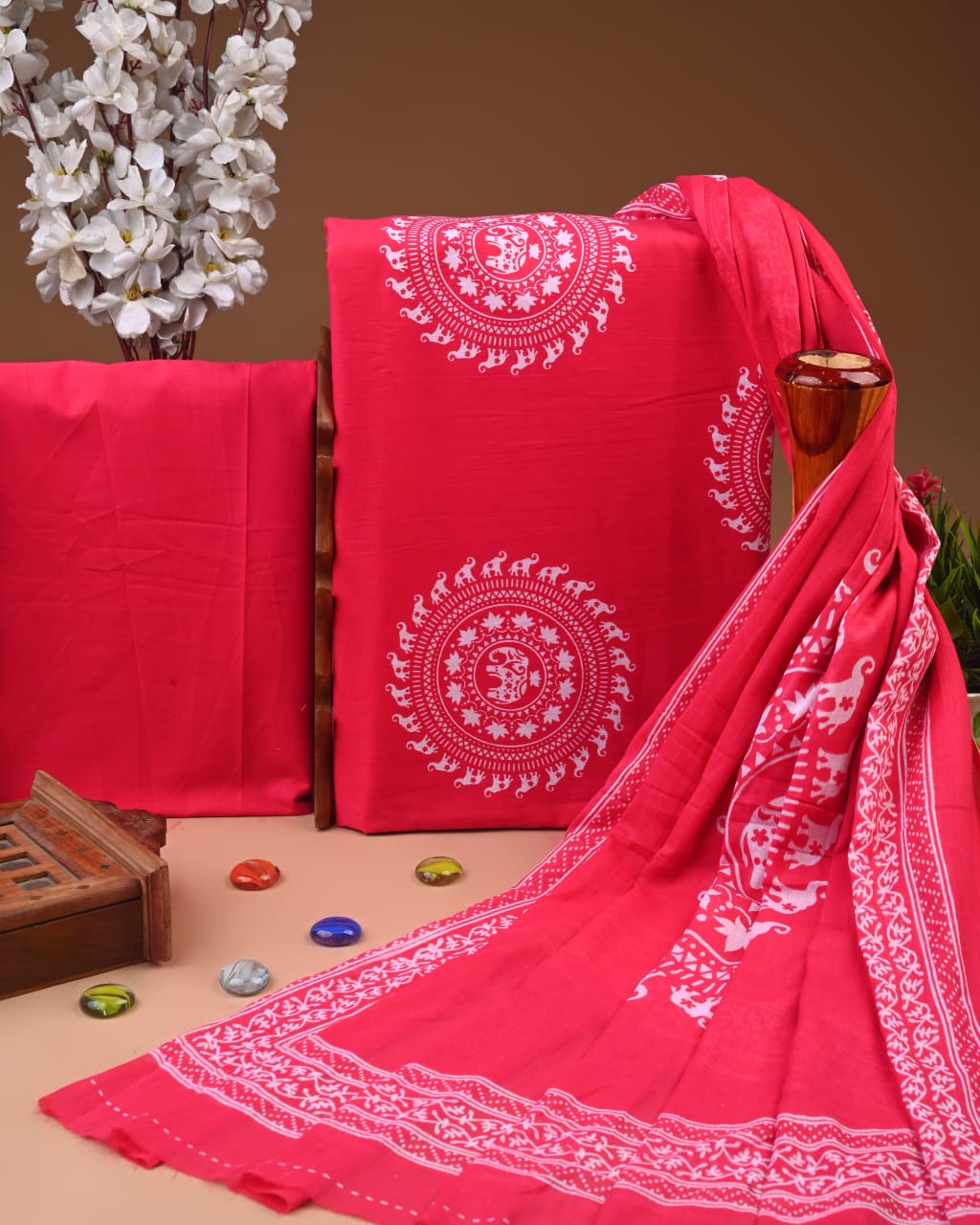 Designer Hand Block Printed Cotton Suit Set With Cotton Dupatta
