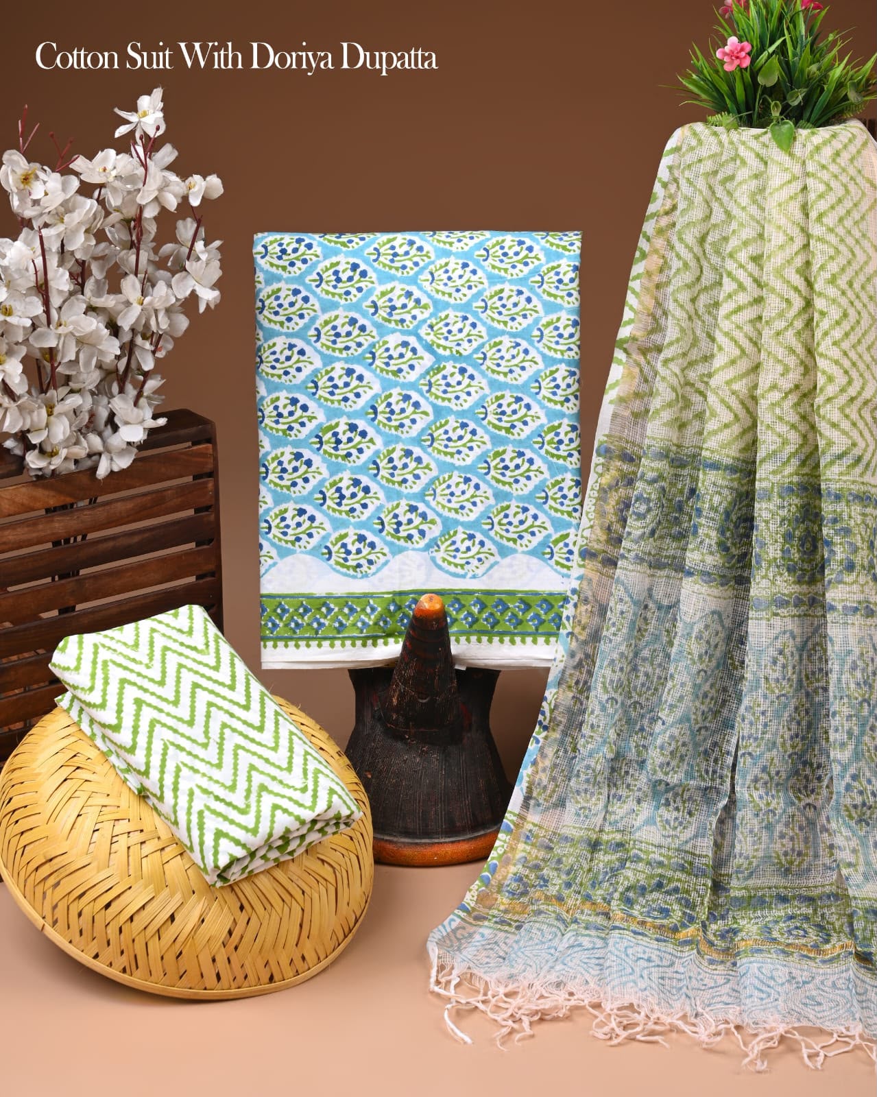 Pure Cotton Hand Block Printed Suit Set With Kota Doria Dupatta