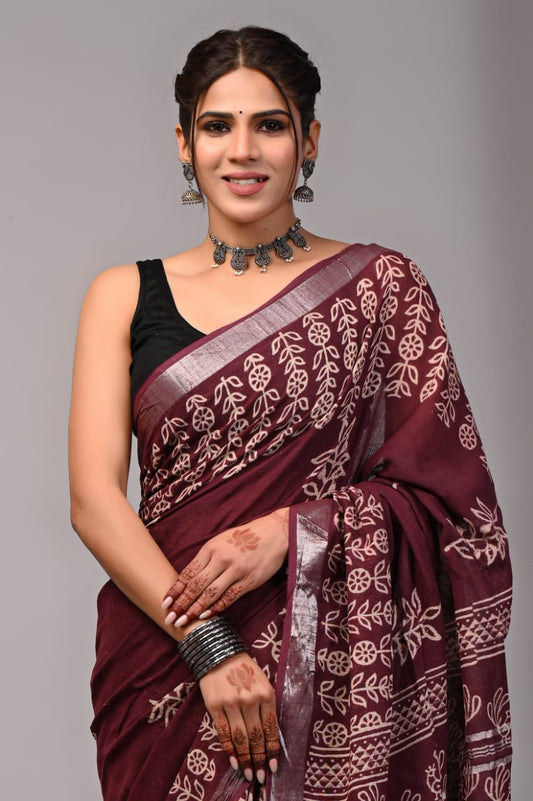 Pure Cotton Linen Handblock Printed Saree With Blouse