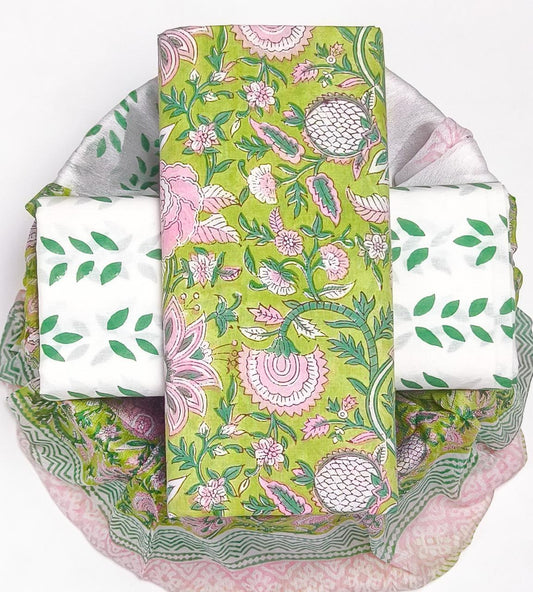 Pure Cotton Hand Block Printed Suit Set With Chiffon Dupatta