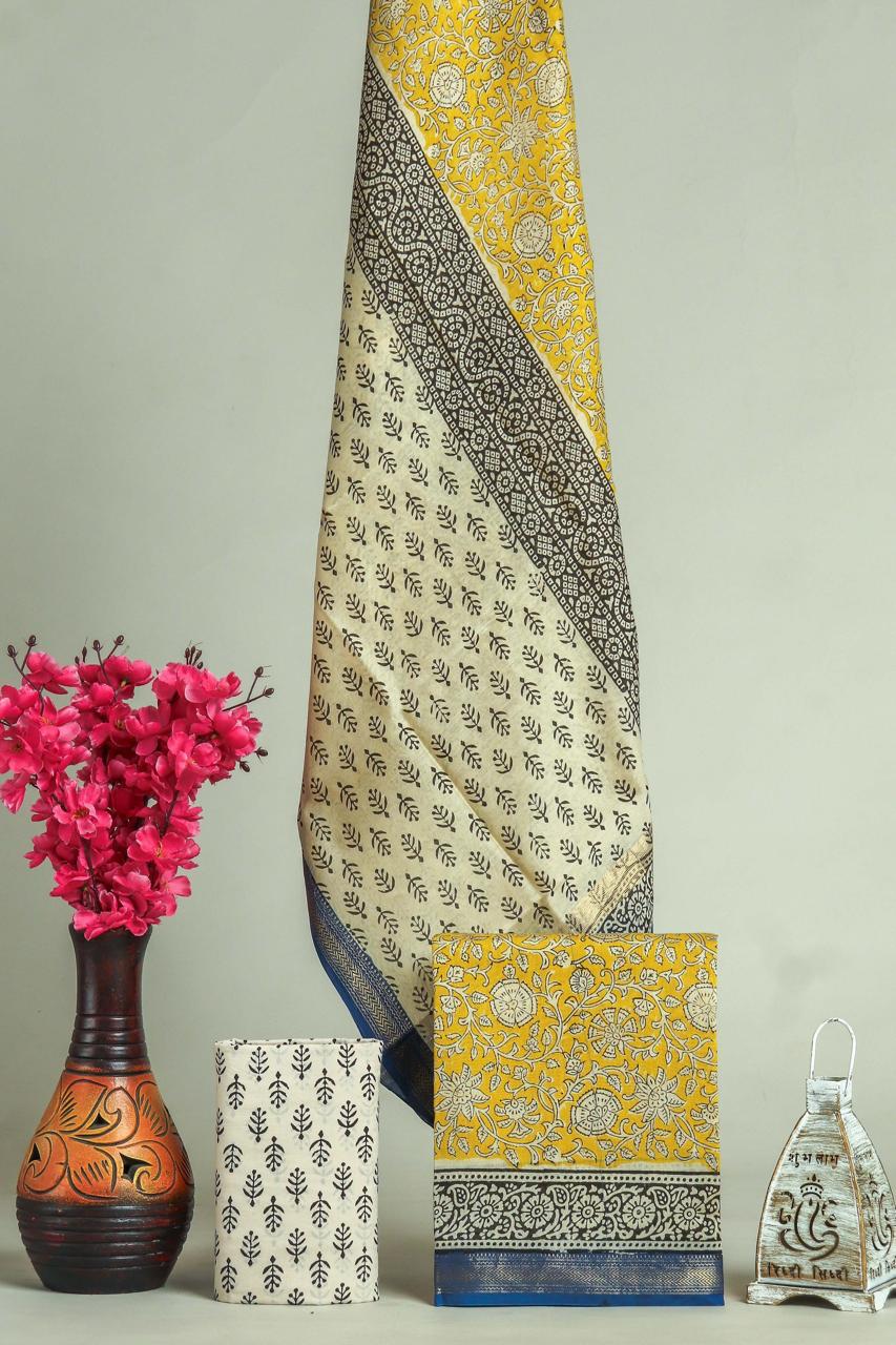 Premium Designer Handblock Printed Maheshwari Silk Suit Set