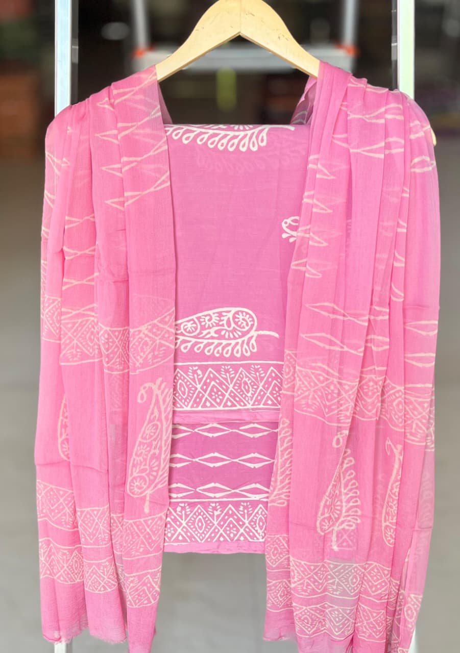 Pure Cotton Hand Block Printed Suit Set With Chiffon Dupatta