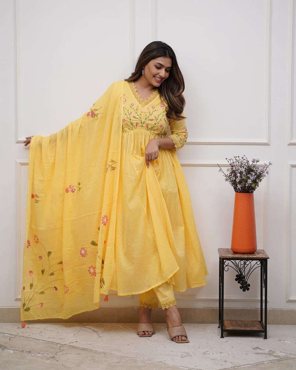 Yellow Pure Soft Cotton Suit Set With Embroidery Work