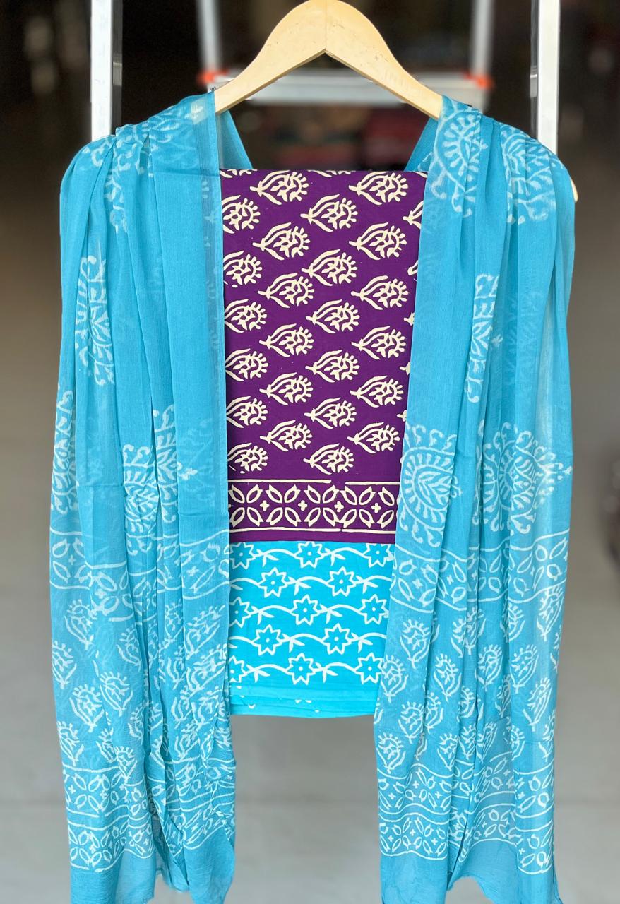 Pure Cotton Hand Block Printed Suit Set With Chiffon Dupatta
