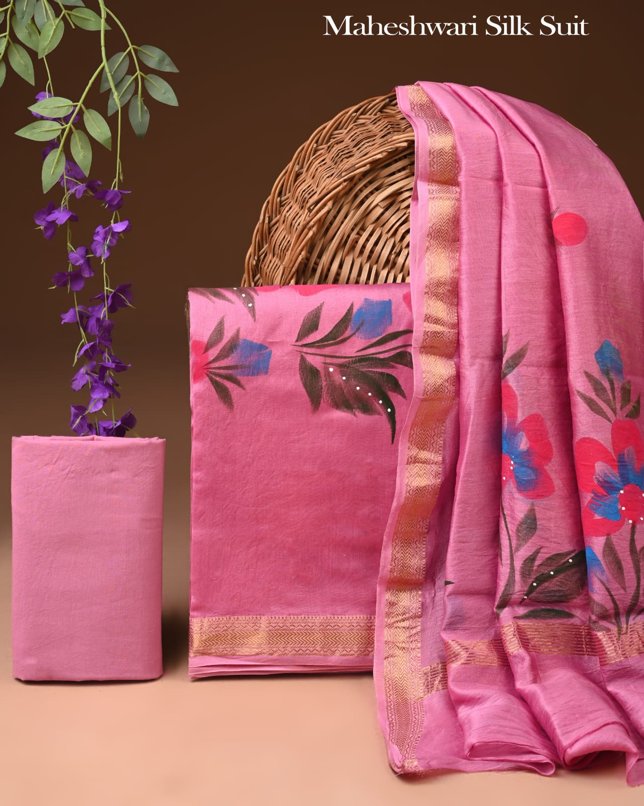 Premium Designer Handblock Printed Maheshwari Silk Suit Set