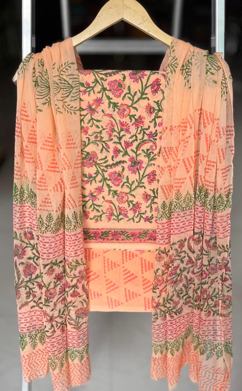 Pure Cotton Hand Block Printed Suit Set With Chiffon Dupatta