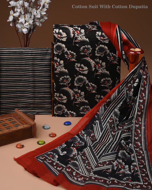 Designer Hand Block Printed Cotton Suit Set With Cotton Dupatta