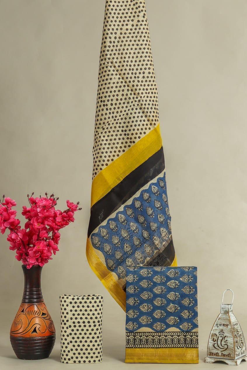Premium Designer Handblock Printed Maheshwari Silk Suit Set