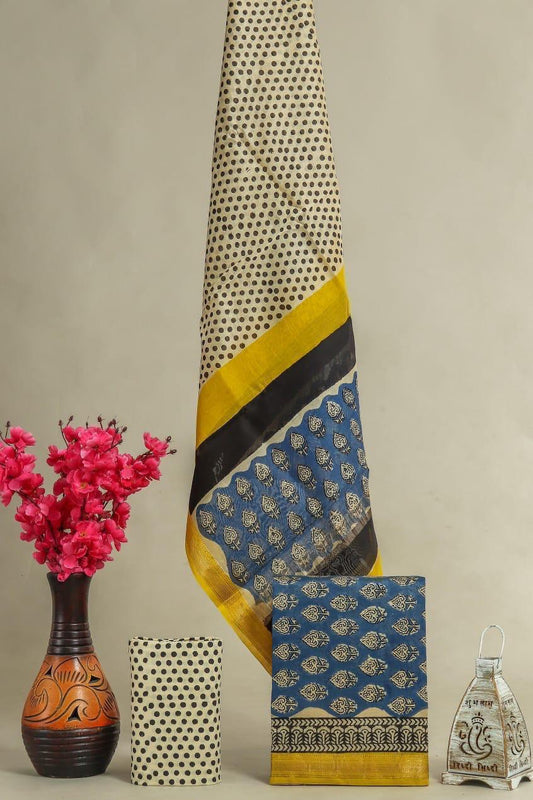 Premium Designer Handblock Printed Maheshwari Silk Suit Set