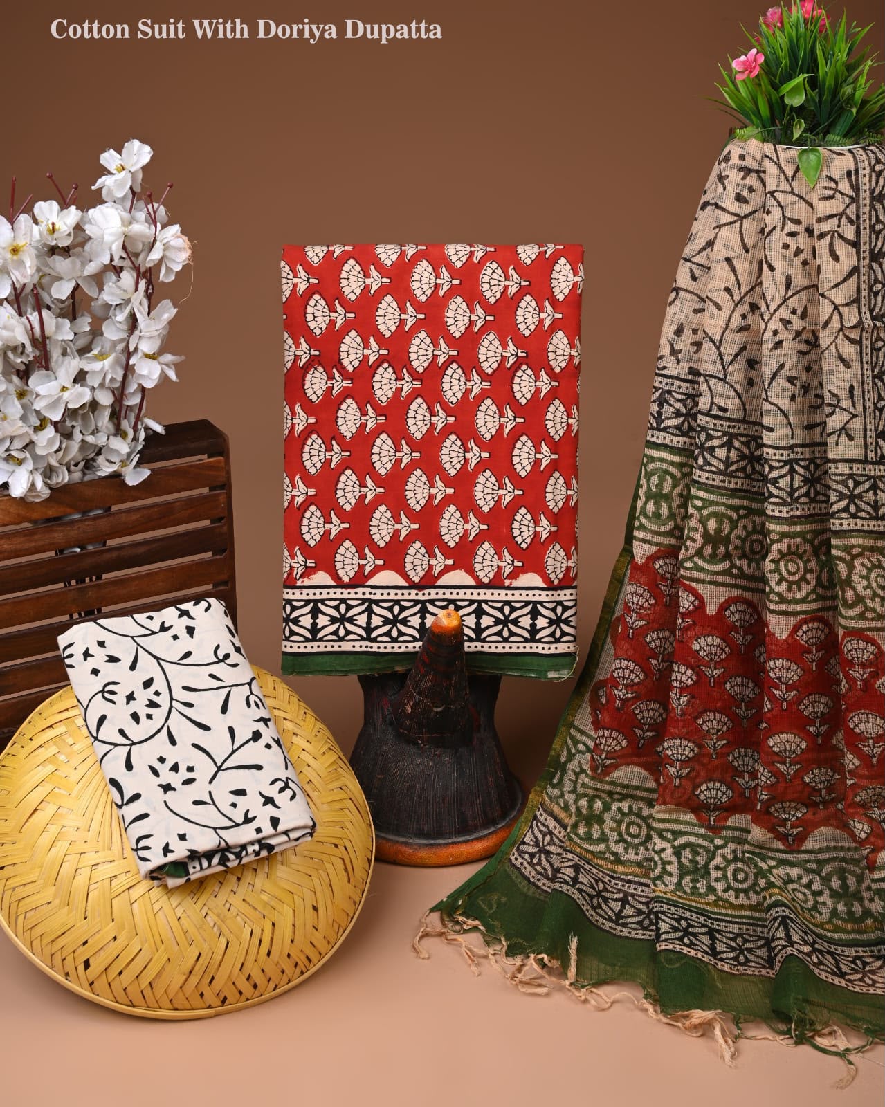 Pure Cotton Hand Block Printed Suit Set With Kota Doria Dupatta