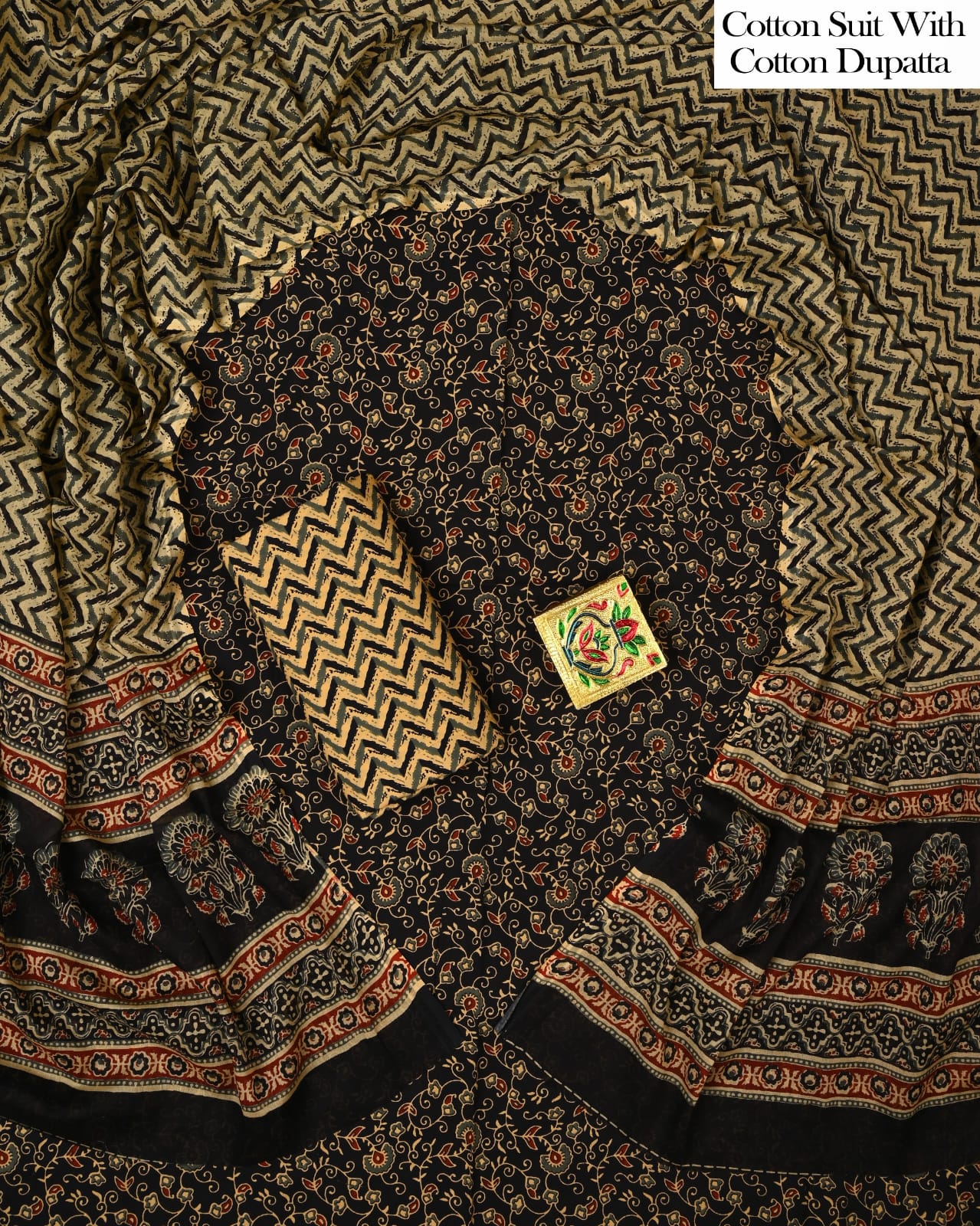 Designer Hand Block Printed Cotton Suit Set With Cotton Dupatta