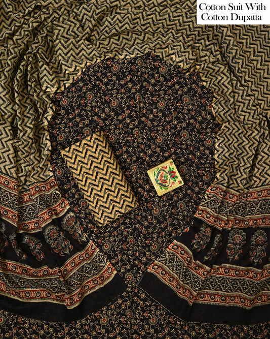 Designer Hand Block Printed Cotton Suit Set With Cotton Dupatta