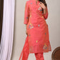 Elegant Coral Chanderi Silk Hand-Embroidered Suit Set with Dupatta
