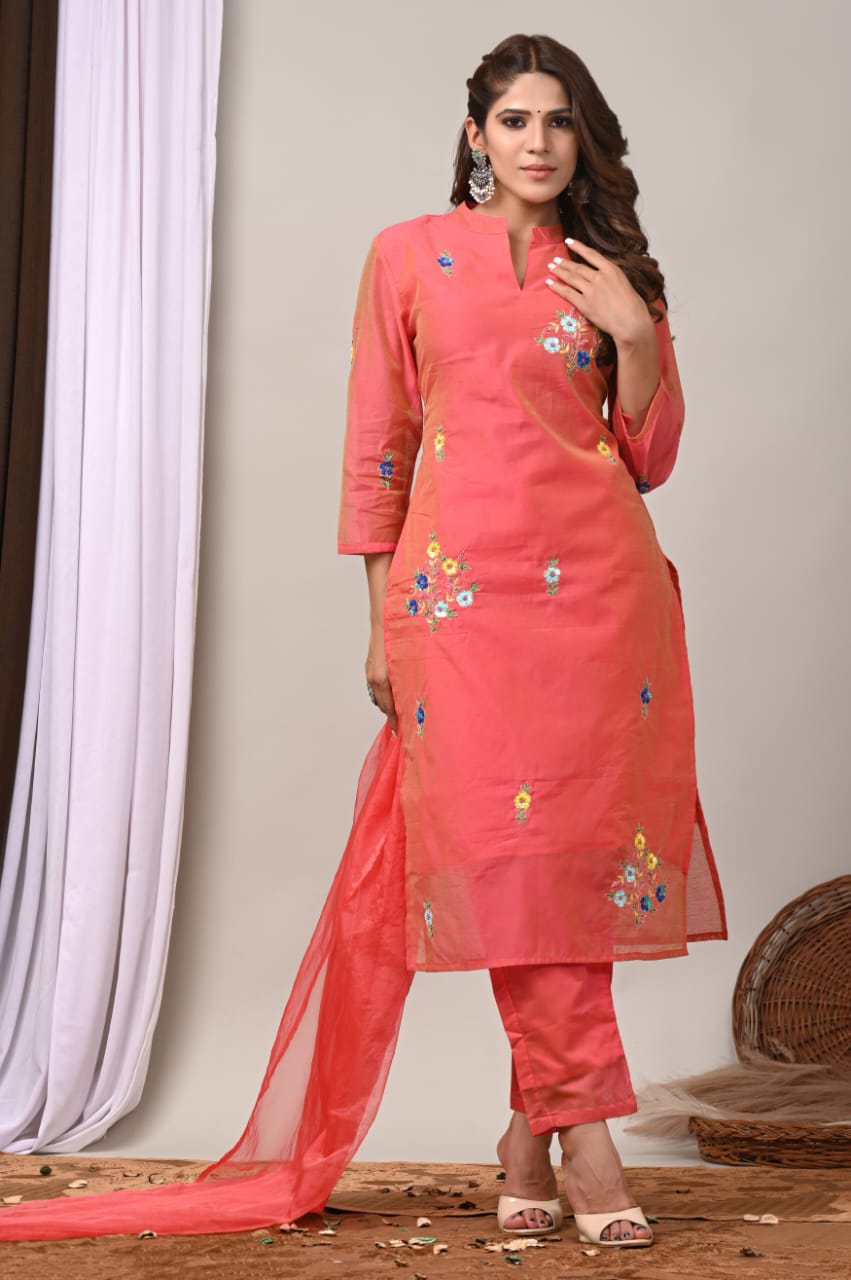Elegant Coral Chanderi Silk Hand-Embroidered Suit Set with Dupatta