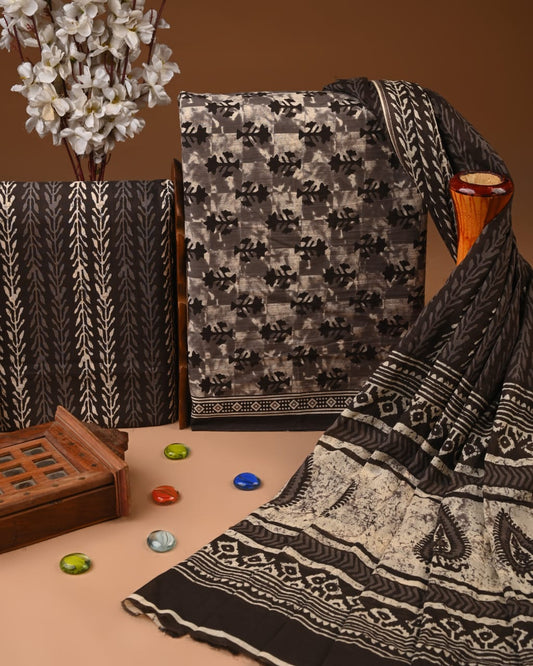 Designer Hand Block Printed Cotton Suit Set With Cotton Dupatta