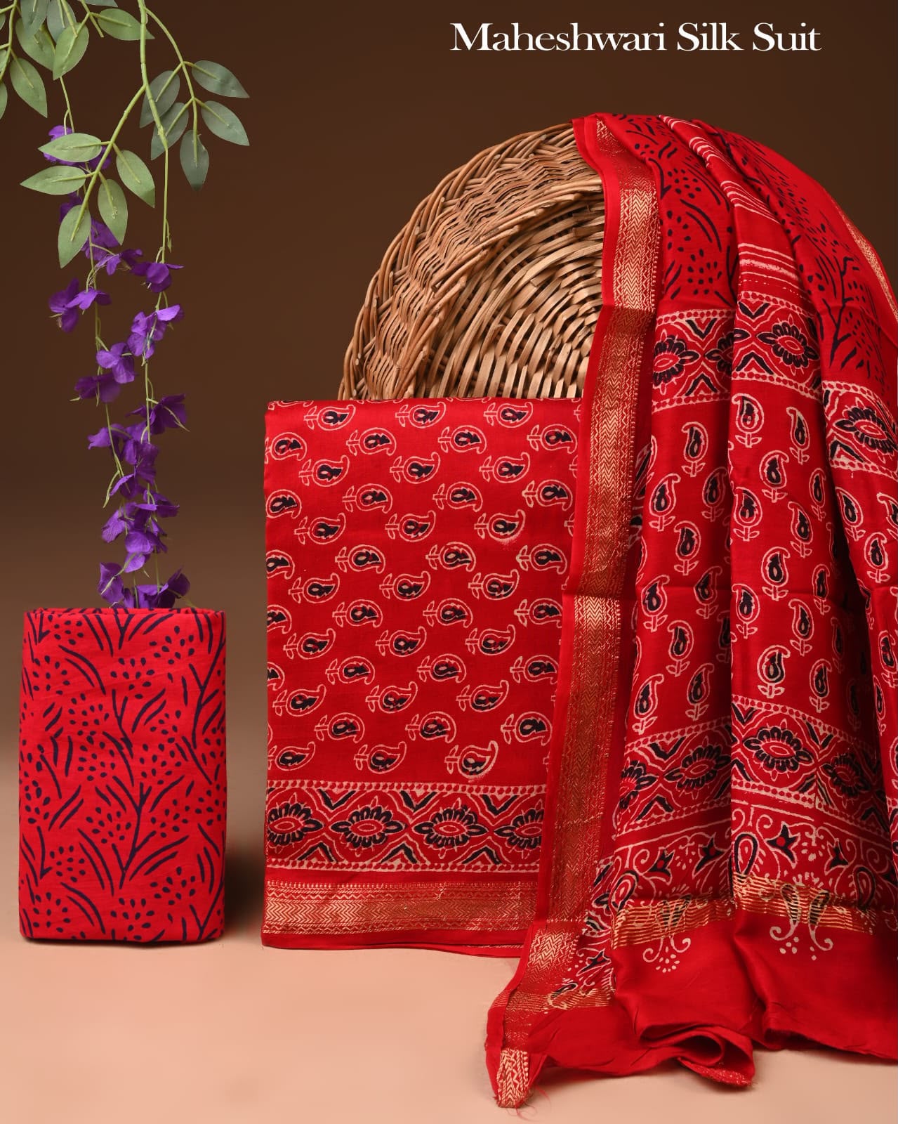 Premium Designer Handblock Printed Maheshwari Silk Suit Set