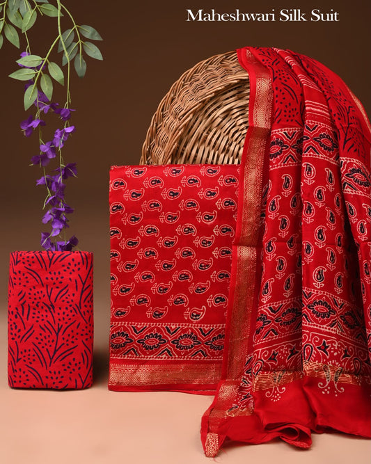 Premium Designer Handblock Printed Maheshwari Silk Suit Set