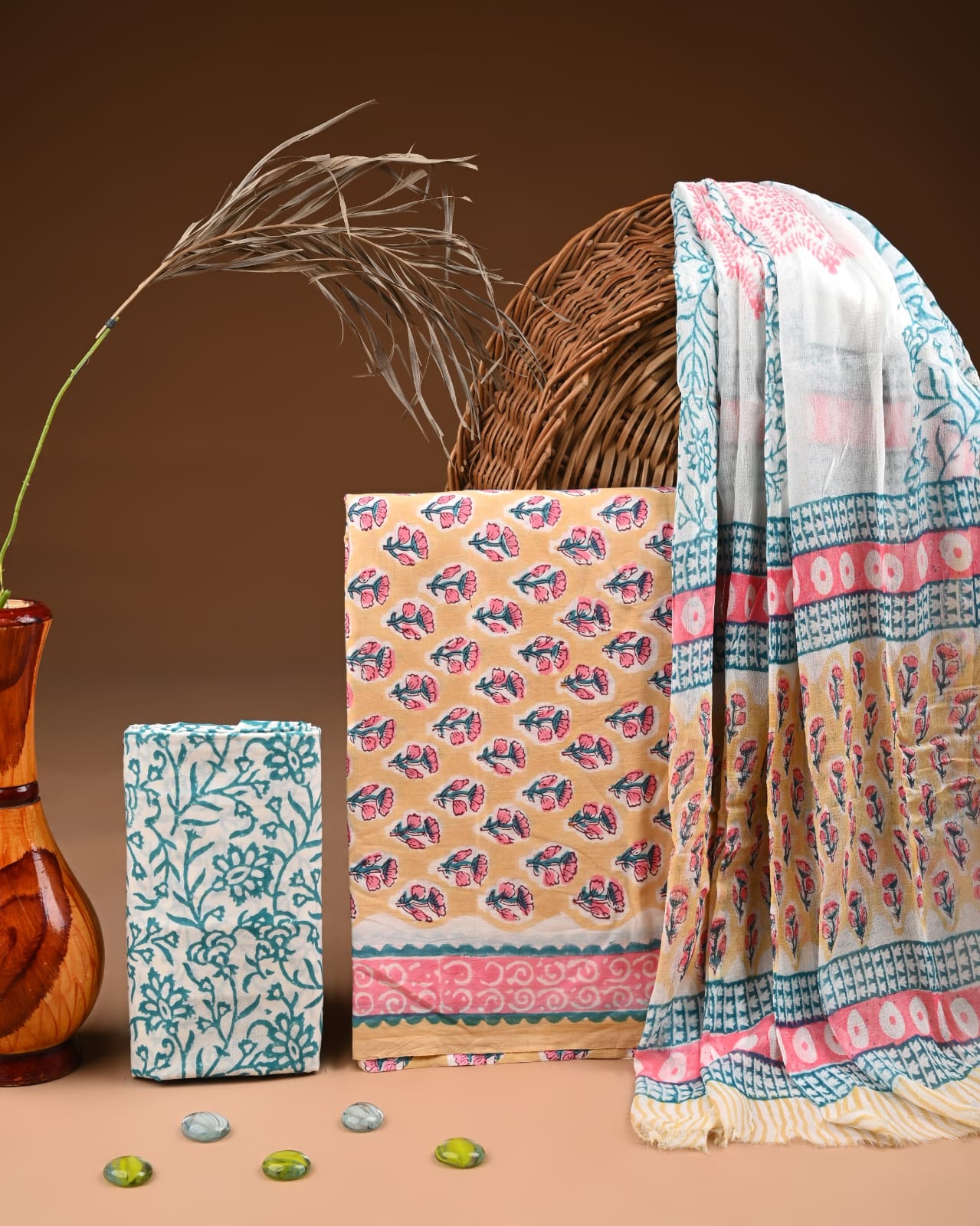 Pure Cotton Hand Block Printed Suit Set With Chiffon Dupatta