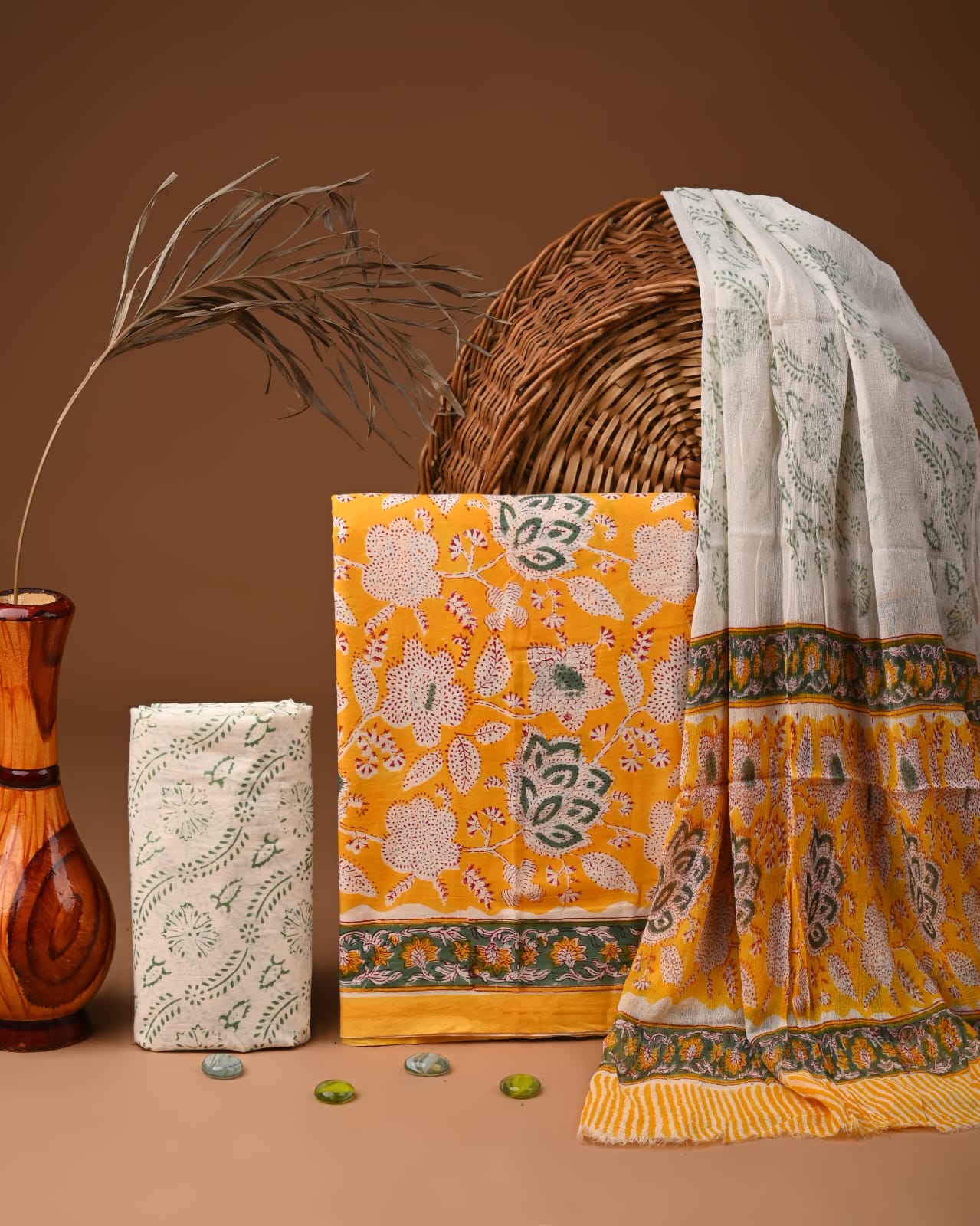 Pure Cotton Hand Block Printed Suit Set With Chiffon Dupatta