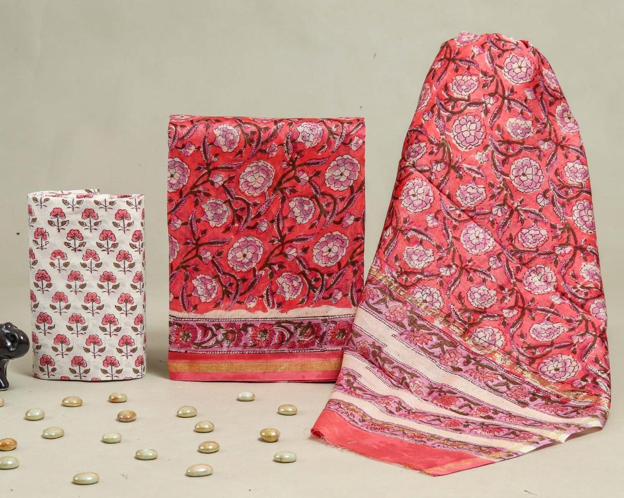 Designer Handblock Printed Chanderi Silk Suit Set