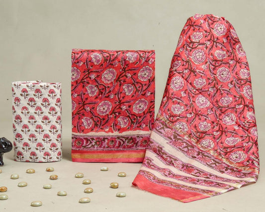 Designer Handblock Printed Chanderi Silk Suit Set