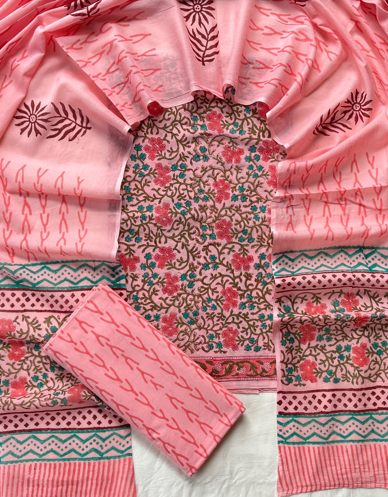 Pure Soft Cotton Hand Block Printed Suit Set With Cotton Dupatta