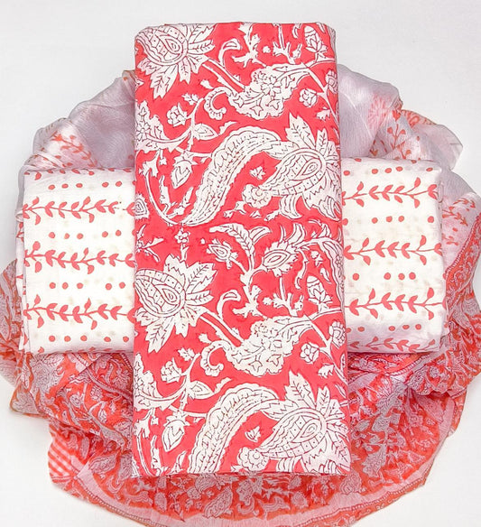 Pure Cotton Hand Block Printed Suit Set With Chiffon Dupatta