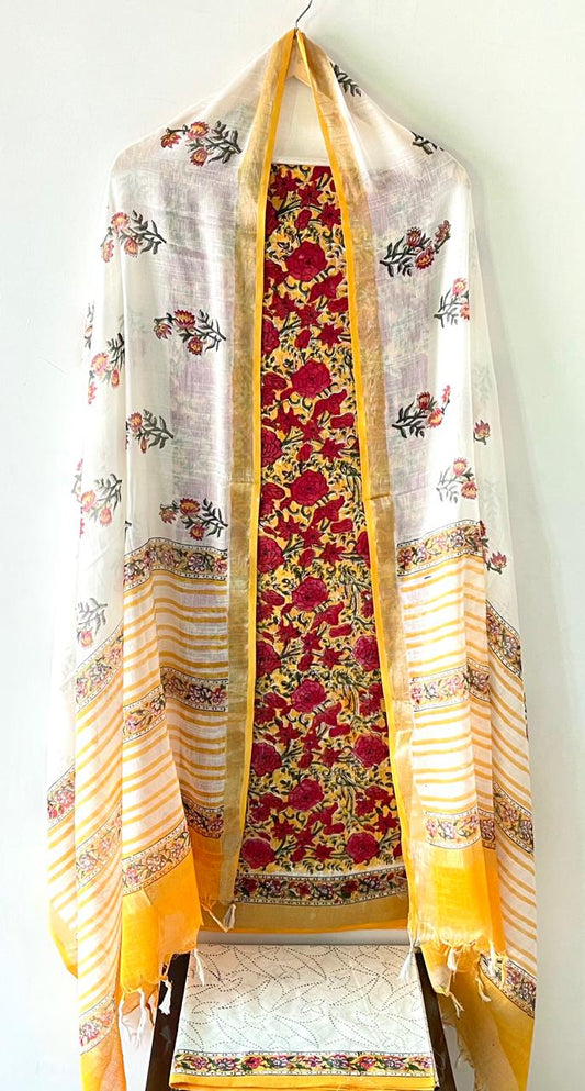 Premium Cotton Linen Hand Block Printed Cotton Linen Suit Set