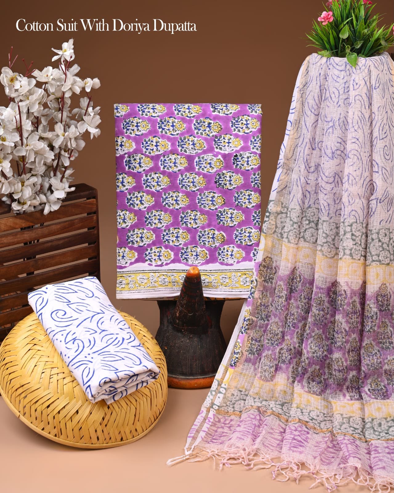 Pure Cotton Hand Block Printed Suit Set With Kota Doria Dupatta
