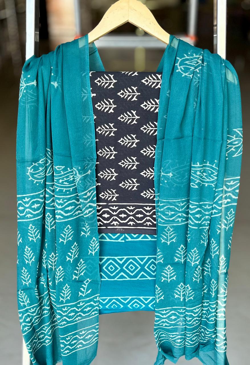 Pure Cotton Hand Block Printed Suit Set With Chiffon Dupatta