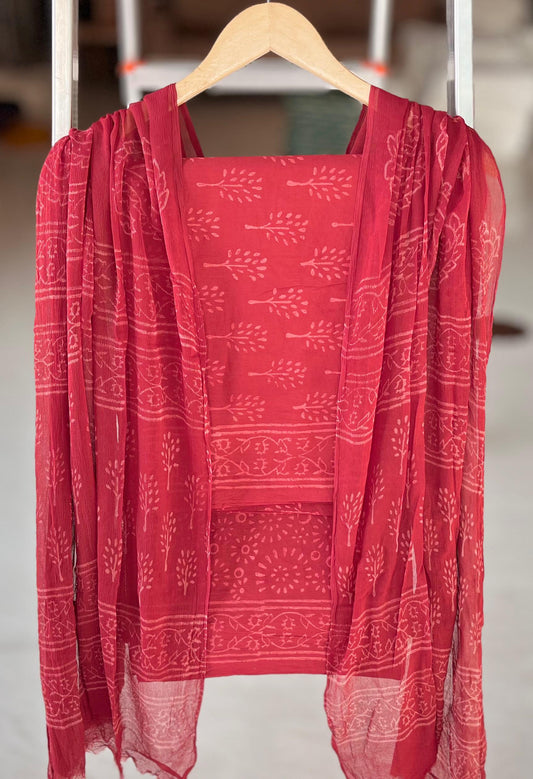 Pure Soft Cotton Hand Block Printed Suit Set With Chiffon Dupatta