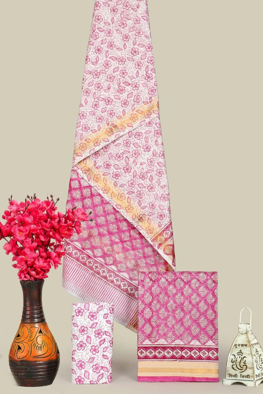 Designer Handblock Printed Maheshwari Silk Suit Set