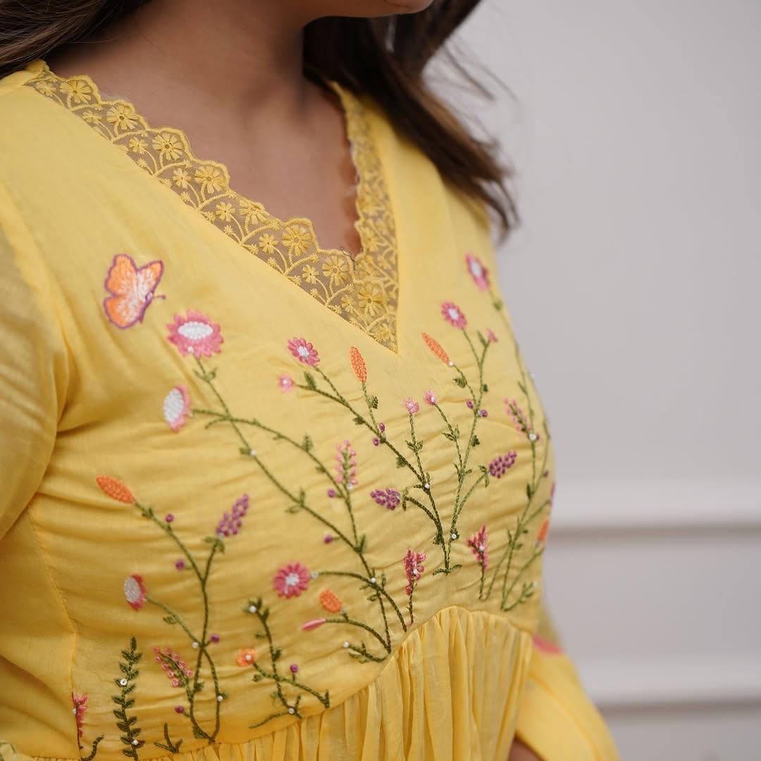 Yellow Pure Soft Cotton Suit Set With Embroidery Work
