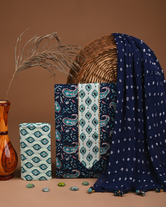 Premium Gota Patti Work Cotton Suit Set With Chiffon Dupatta