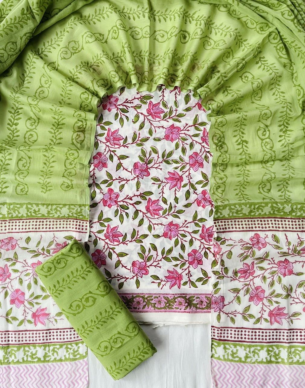Pure Soft Cotton Hand Block Printed Suit Set With Cotton Dupatta